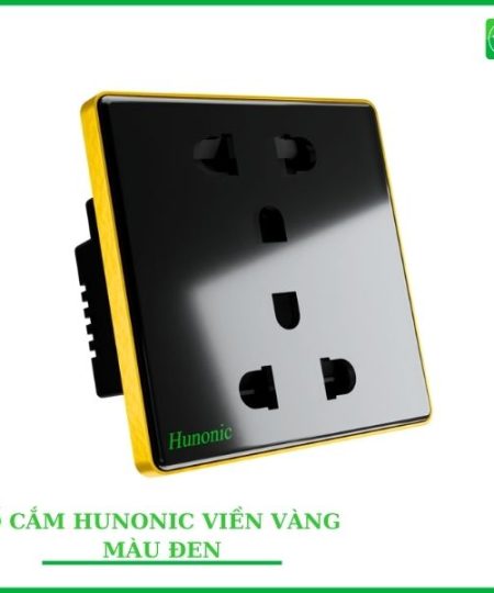 Ổ Cắm Mặt Kính Hunonic Vuông Viền Vàng Màu Đen