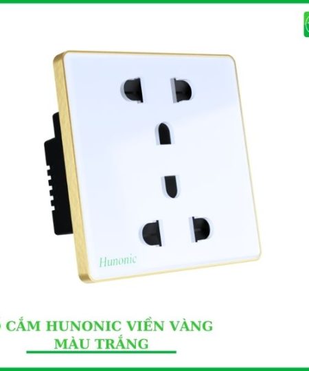 Ổ Cắm Mặt Kính Hunonic Vuông Viền Vàng Màu Trắng