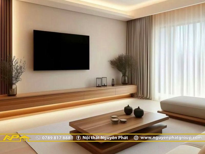 Phòng khách hiện đại kết hợp gỗ công nghiệp